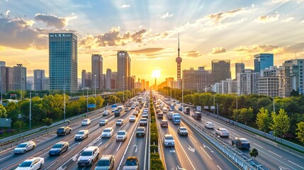 Sticker - A vibrant cityscape at sunset. Heavy traffic moves along a bustling highway. Modern skyscrapers rise against a dramatic sky. This urban scene showcases the energy and dynamics of city life. AI