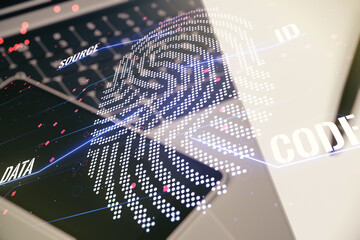 Aufkleber - Multi exposure of abstract creative fingerprint illustration on modern laptop background, digital access concept