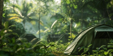 Wall Mural - hammock on the grass, Jungle Research Camp Exciting blurred background image of a jungle research camp with tents, scientists, and research equipment set up in the dense forest. 