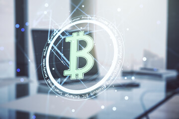 Aufkleber - Creative Bitcoin concept with modern computer background. Double exposure