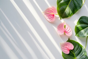 Wall Mural - Sunlit tropical anthuriums with green leaves on a white background