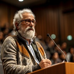 Poster - university professor delivering captivating lecture on modern philosophy in auditorium