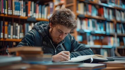 Poster - University Student Writing Thesis in Quiet Library Corner Surrounded by Books