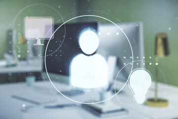 Poster - Social network media concept with modern computer on background. Double exposure