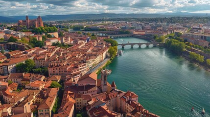 Wall Mural - Beautiful aerial view of a historic city along a winding river with old charm. The image showcases classic architectural style and is ideal for travel and tourism purposes. AI