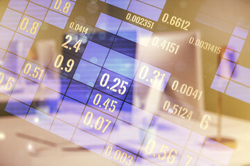 Poster - Multi exposure of abstract statistics data hologram interface on computer background, computing and analytics concept