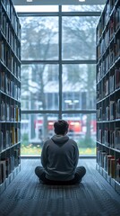 Poster - Student Studying Alone in a Quiet University Library Corner with Books