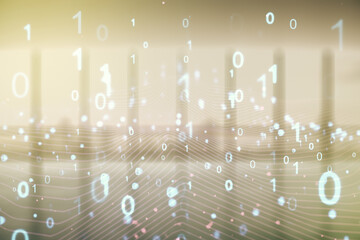 Aufkleber - Abstract virtual binary code illustration on empty corporate office background. Big data and coding concept. Multiexposure