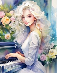 Poster - young beautiful girl playing on a piano