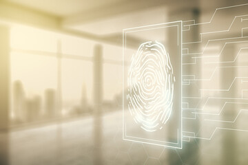 Aufkleber - Multi exposure of virtual fingerprint scan interface on empty modern office background, digital access concept