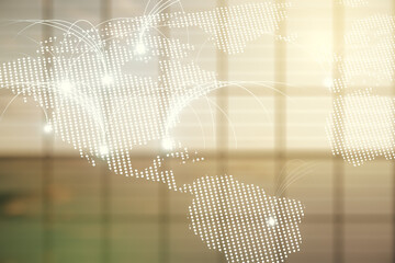 Aufkleber - Double exposure of abstract digital world map hologram with connections on empty modern office background, research and strategy concept