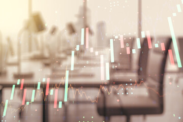 Poster - Abstract virtual financial graph hologram on a modern furnished office background, forex and investment concept. Multiexposure