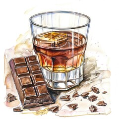 Artistic Watercolor Illustration of Half-filled Glass with Whiskey and Chocolate Bar on White Background