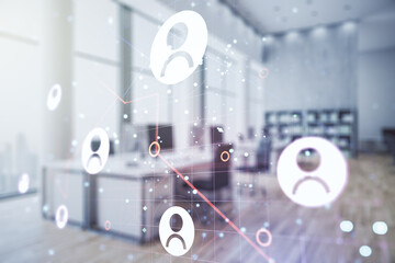 Aufkleber - Double exposure of social network icons hologram on a modern furnished office interior background. Networking concept