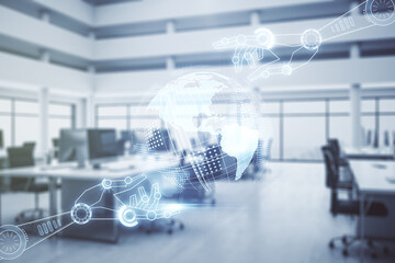 Aufkleber - Abstract virtual robotics technology hologram with globe sketch on a modern furnished office background. Robot development and automation concept. Multiexposure