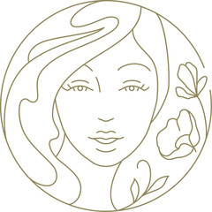 Wall Mural - Beautiful woman face with blossom flower hand drawn golden circle frame line art logo vector
