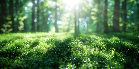 Wall Mural - sunlight in the forest, Woodland Clearing Tranquil blurred background image of a clearing in the woods, with dappled sunlight, green grass, and a bright blue sky. 