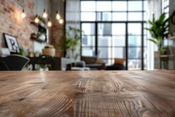 Wall Mural - An elegant, polished wood dining table in the foreground with a blurred background of a luxury urban loft. The background features modern industrial decor, large windows with city views