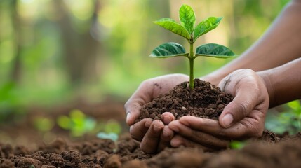 Poster - Hands cupping soil with a small plant growing, symbolizing reforestation and environmental stewardship
