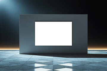 Wall Mural - A blank white banner displayed on a modern structure in an interior with tiled floor, under subtle lighting, concept of advertising. 3D Rendering