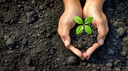 Poster - Hands cupping soil with a small plant growing, symbolizing reforestation and environmental stewardship