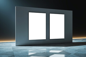 Aufkleber - Twin vertical billboards in a modern interior, white empty canvases for advertising, on a dark floor and background, concept of marketing display. 3D Rendering