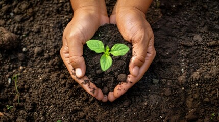 Poster - Hands cupping soil with a small plant growing, symbolizing reforestation and environmental stewardship