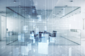Poster - Multi exposure of abstract statistics data hologram interface on a modern furnished office interior background, computing and analytics concept