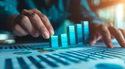 Poster - Hands pointing to a growth trend on a bar graph in a business report, showing positive performance