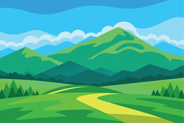 Wall Mural - Beautiful vector illustration of green summer fields and meadows on a background of mountains, hills, clouds and blue sky. Panoramic natural landscape of summer meadows