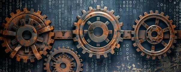 Rusty gears intertwined with binary code, symbolizing outdated technology connections, top view, showcasing the need for modernization, advanced tone, Analogous Color Scheme