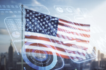 Poster - Multi exposure of creative statistics data hologram on USA flag and blurry skyscrapers background, stats and analytics concept