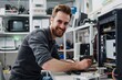 © Archibalttttt - A handsome smiling Caucasian man in the office repairs an open computer case with wires and parts on his desk