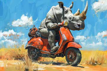 Wall Mural - Rhino riding a vintage scooter in african savana