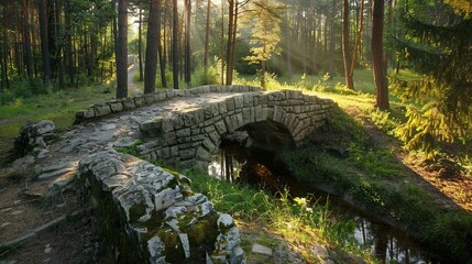 Canvas Print - Stone Bridge in a Sunlit Forest