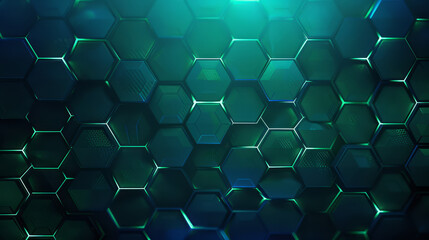 Hexagon futuristic mosaic with geometric surfaces. Tech network connections and mesh structures. Contemporary science abstraction with metallic tiles, data innovation and glowing gradients.