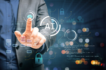Poster - A person interacts with a futuristic AI interface with digital graphics and code, symbolizing advanced technology on a dark background
