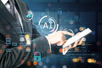 Poster - A person with digital interface graphics overlay representing AI, against a blurred office background, conveying a technology concept