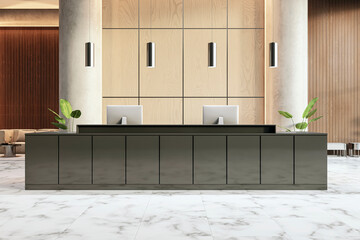 Poster - Modern reception area with wooden wall panels, laptops on desk, and marble floor, highlighting an elegant interior design concept. 3D Rendering