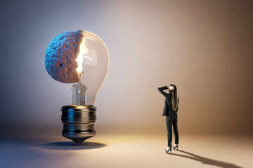 Poster - A person looking at a giant light bulb with a brain inside, symbolizing ideas and creativity, against a plain backdrop