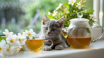 Small newborn gray kitten near herbal tea in a glass teapot, a cup and a beautiful bouquet of jasmine flowers on the windowsill at home on a summer day near the garden, close up.