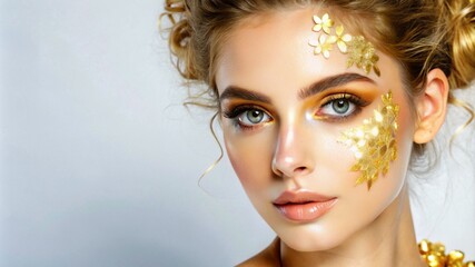 Wall Mural - a young woman model with flawless makeup, copy space, banner