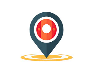 Wall Mural - A simple, flat design of a blue location icon isolated on a white background. It features a red circle with a white inner circle and two square shapes at the top, sitting on a yellow ring. Generative 