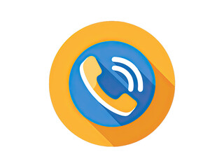 Wall Mural - A simple icon of a yellow phone receiver with white waves in a blue circle, surrounded by an orange circle. The icon has a long shadow on a white background. Generative AI