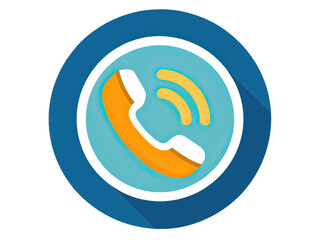 Wall Mural - An isolated image of a phone receiver icon inside a circle. The icon is in a flat design style and has a blue outer ring with a white outline and drop shadow. The receiver is orange and has a white ou