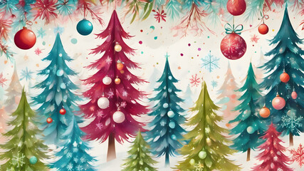 A festive, holiday-themed background illustration with Christmas trees, ornaments, and snowflakes. The design is cheerful and colorful, perfect for holiday cards or seasonal decorations