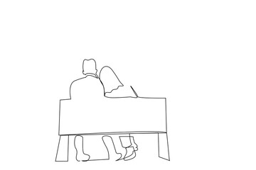 Wall Mural - adult couple in love are sitting on the bench outside in park back behind view one line art design