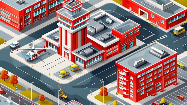 Isometric modern fire station with training tower and helipad vector image