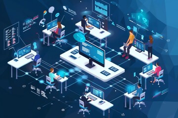 A scene depicting a software development team using agile methodology, with developers collaborating on code, focusing on DevOps practices, cloud native infrastructure, and microservices architecture