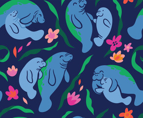 Wall Mural - Cute Manatees with babies. Vector pattern design